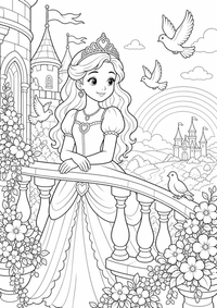 Prinzessin auf Château Balcon est un coloriage Prinzessin gratuit a imprimer en A4 avec des contours noirs nets.