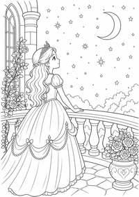 राजकुमारी पर a Moonlit Balcony — कलरिंग पेज एक मुफ्त A4 कलरिंग पेज है, जिसमें स्पष्ट काली रूपरेखाएँ और रंग भरने के लिए साफ़ क्षेत्र हैं। पंजीकरण आवश्यक नहीं।