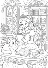 Prinzessin Bibliothek ist ein kostenloses A4-Ausmalbild mit klaren schwarzen Konturen zum Ausdrucken.