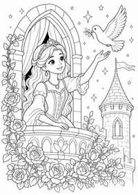 Prinzessin im Schloss ist ein kostenloses A4-Ausmalbild mit klaren schwarzen Konturen zum Ausdrucken.