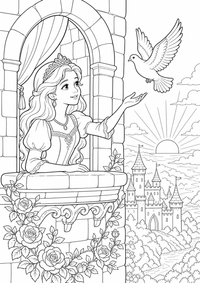 Prinzessin im Schloss ist ein kostenloses A4-Ausmalbild mit klaren schwarzen Konturen zum Ausdrucken.