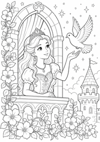 Prinzessin im Schloss ist ein kostenloses A4-Ausmalbild mit klaren schwarzen Konturen zum Ausdrucken.