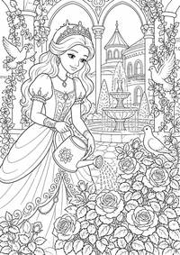 Prinzessin im Rosengarten zeigt eine Prinzessin im Rosengarten mit Schloss, Brunnen, Rosen und Schmetterlingen. Dieses kostenlose A4-Ausmalbild mit klaren schwarzen Konturen auf weißem Hintergrund ist zum Ausdrucken geeignet.