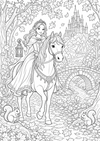 Prinzessin auf Herbstspaziergang mit Pferd zeigt eine Prinzessin, die im Herbstwald mit ihrem Pferd reitet, zwischen Bäumen und Blättern. Dieses kostenlose A4-Ausmalbild mit klaren schwarzen Konturen auf weißem Hintergrund ist zum Ausdrucken geeignet.