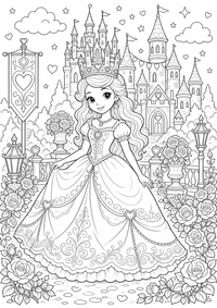 Princesa con corona de castillo es un dibujo de princesa para colorear gratis, con contornos negros claros y detalles fáciles de imprimir para niños. Abre el archivo PNG, imprímelo en A4 y úsalo en casa, en el jardín de infancia o en la escuela.