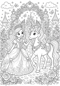 Princesa y unicornio en el jardín es un dibujo de princesa para colorear gratis, con contornos negros claros y detalles fáciles de imprimir para niños. Abre el archivo PNG, imprímelo en A4 y úsalo en casa, en el jardín de infancia o en la escuela.