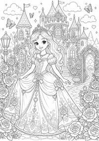 Princesa en el castillo de rosas es un dibujo de princesa para colorear gratis, con contornos negros claros y detalles fáciles de imprimir para niños. Abre el archivo PNG, imprímelo en A4 y úsalo en casa, en el jardín de infancia o en la escuela.