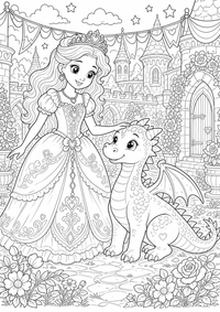 Princesa con amigo dragón es un dibujo de princesa para colorear gratis, con contornos negros claros y detalles fáciles de imprimir para niños. Abre el archivo PNG, imprímelo en A4 y úsalo en casa, en el jardín de infancia o en la escuela.