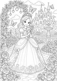 Princesa en el jardín de rosas es un dibujo de princesa para colorear gratis, con contornos negros claros y detalles fáciles de imprimir para niños. Abre el archivo PNG, imprímelo en A4 y úsalo en casa, en el jardín de infancia o en la escuela.