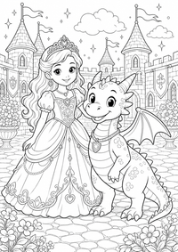 Princesa con amigo dragón es un dibujo de princesa para colorear gratis, con contornos negros claros y detalles fáciles de imprimir para niños. Abre el archivo PNG, imprímelo en A4 y úsalo en casa, en el jardín de infancia o en la escuela.
