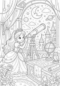 Princesa observatorio en el castillo es un dibujo de princesa para colorear gratis, con contornos negros claros y detalles fáciles de imprimir para niños. Abre el archivo PNG, imprímelo en A4 y úsalo en casa, en el jardín de infancia o en la escuela.