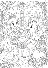 Princesa amigo dragón merienda es un dibujo de princesa para colorear gratis, con contornos negros claros y detalles fáciles de imprimir para niños. Abre el archivo PNG, imprímelo en A4 y úsalo en casa, en el jardín de infancia o en la escuela.