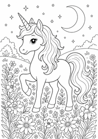 Unicorn in a flower meadow es un dibujo para colorear A4 gratuito para imprimir con contornos negros claros y una escena atractiva para niños.
