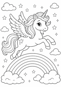 Unicorn above a rainbow es un dibujo para colorear A4 gratuito para imprimir con contornos negros claros y una escena atractiva para niños.