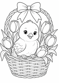 Chick in a tulip basket es un dibujo para colorear A4 gratuito para imprimir con contornos negros claros y una escena atractiva para niños.
