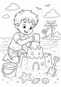 Child building a sandcastle es un dibujo para colorear A4 gratuito para imprimir con contornos negros claros y una escena atractiva para niños.