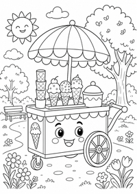 Sunny ice cream cart es un dibujo para colorear A4 gratuito para imprimir con contornos negros claros y una escena atractiva para niños.