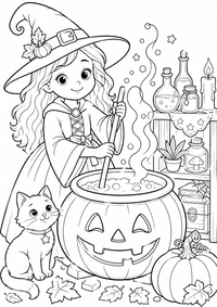 Friendly witch and pumpkin cauldron es un dibujo para colorear A4 gratuito para imprimir con contornos negros claros y una escena atractiva para niños.