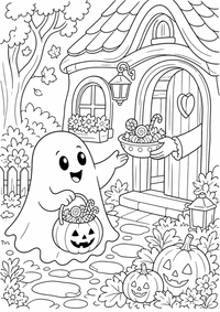 Happy ghost collecting candy es un dibujo para colorear A4 gratuito para imprimir con contornos negros claros y una escena atractiva para niños.