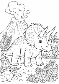 Triceratops beside a volcano es un dibujo para colorear A4 gratuito para imprimir con contornos negros claros y una escena atractiva para niños.
