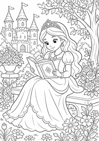 Princess reading in a castle garden es un dibujo para colorear A4 gratuito para imprimir con contornos negros claros y una escena atractiva para niños.