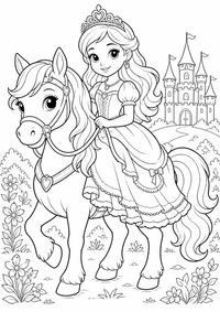 Princess riding a pony es un dibujo para colorear A4 gratuito para imprimir con contornos negros claros y una escena atractiva para niños.