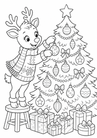 Reindeer decorating a Christmas tree es un dibujo para colorear A4 gratuito para imprimir con contornos negros claros y una escena atractiva para niños.