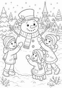Snowman in a snowy village es un dibujo para colorear A4 gratuito para imprimir con contornos negros claros y una escena atractiva para niños.