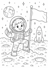Child astronaut on the moon es un dibujo para colorear A4 gratuito para imprimir con contornos negros claros y una escena atractiva para niños.