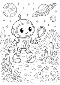 Friendly robot on a planet es un dibujo para colorear A4 gratuito para imprimir con contornos negros claros y una escena atractiva para niños.