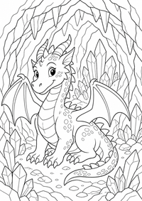 Dragon in a crystal cave es un dibujo para colorear A4 gratuito para imprimir con contornos negros claros y una escena atractiva para niños.