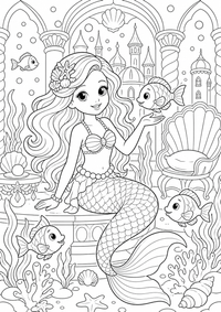 Mermaid in an underwater castle es un dibujo para colorear A4 gratuito para imprimir con contornos negros claros y una escena atractiva para niños.