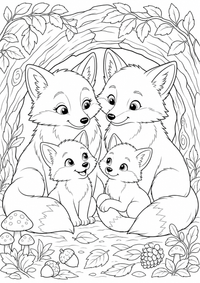 Fox family in a woodland den es un dibujo para colorear A4 gratuito para imprimir con contornos negros claros y una escena atractiva para niños.