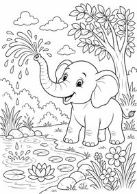 Elephant at a pond es un dibujo para colorear A4 gratuito para imprimir con contornos negros claros y una escena atractiva para niños.