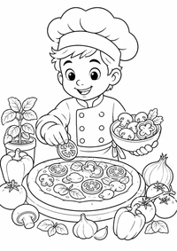 Pizza chef with vegetables es un dibujo para colorear A4 gratuito para imprimir con contornos negros claros y una escena atractiva para niños.