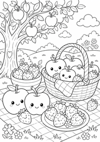 Fruit picnic with strawberries es un dibujo para colorear A4 gratuito para imprimir con contornos negros claros y una escena atractiva para niños.