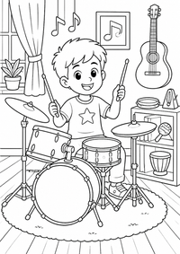 Child playing a drum बच्चों के लिए स्पष्ट काली रूपरेखाओं और आकर्षक दृश्य वाला मुफ्त A4 प्रिंट करने योग्य रंग भरने का पन्ना है।