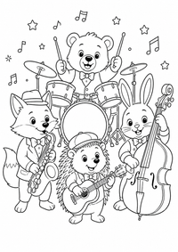 Animal music band बच्चों के लिए स्पष्ट काली रूपरेखाओं और आकर्षक दृश्य वाला मुफ्त A4 प्रिंट करने योग्य रंग भरने का पन्ना है।
