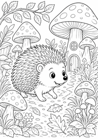 Hedgehog in a mushroom forest es un dibujo para colorear A4 gratuito para imprimir con contornos negros claros y una escena atractiva para niños.