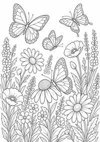 Butterflies in a flower garden es un dibujo para colorear A4 gratuito para imprimir con contornos negros claros y una escena atractiva para niños.
