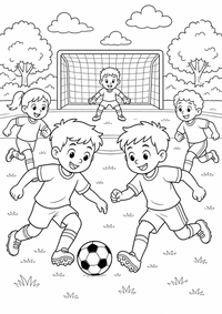 Children playing football als liebevoll gestaltetes kostenloses A4-Ausmalbild mit klaren schwarzen Konturen und vielen kindgerechten Details.