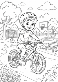 Child riding a bicycle बच्चों के लिए स्पष्ट काली रूपरेखाओं और आकर्षक दृश्य वाला मुफ्त A4 प्रिंट करने योग्य रंग भरने का पन्ना है।
