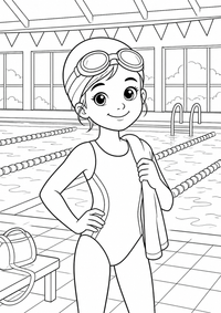Young swimmer at a pool बच्चों के लिए स्पष्ट काली रूपरेखाओं और आकर्षक दृश्य वाला मुफ्त A4 प्रिंट करने योग्य रंग भरने का पन्ना है।