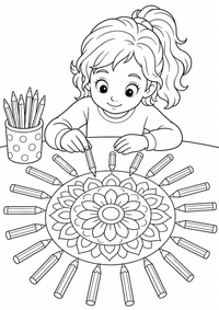 Child with colored pencils and a mandala als liebevoll gestaltetes kostenloses A4-Ausmalbild mit klaren schwarzen Konturen und vielen kindgerechten Details.