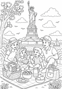 Family picnic by the Statue of Liberty als liebevoll gestaltetes kostenloses A4-Ausmalbild mit klaren schwarzen Konturen und vielen kindgerechten Details.