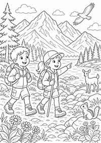 Children in a mountain national park als liebevoll gestaltetes kostenloses A4-Ausmalbild mit klaren schwarzen Konturen und vielen kindgerechten Details.