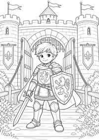 Young knight at a castle gate als liebevoll gestaltetes kostenloses A4-Ausmalbild mit klaren schwarzen Konturen und vielen kindgerechten Details.