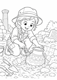 Child archaeologist finding pottery als liebevoll gestaltetes kostenloses A4-Ausmalbild mit klaren schwarzen Konturen und vielen kindgerechten Details.