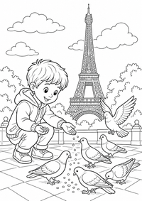 Child near the Eiffel Tower als liebevoll gestaltetes kostenloses A4-Ausmalbild mit klaren schwarzen Konturen und vielen kindgerechten Details.