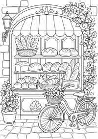 French bakery with a bicycle als liebevoll gestaltetes kostenloses A4-Ausmalbild mit klaren schwarzen Konturen und vielen kindgerechten Details.